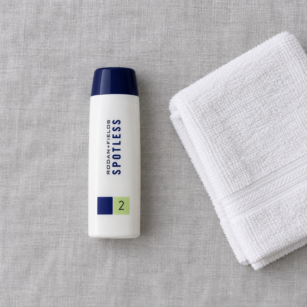 Rodan + Fields SPOTLESS Step 2 bottle on grey linen beside a white face towel