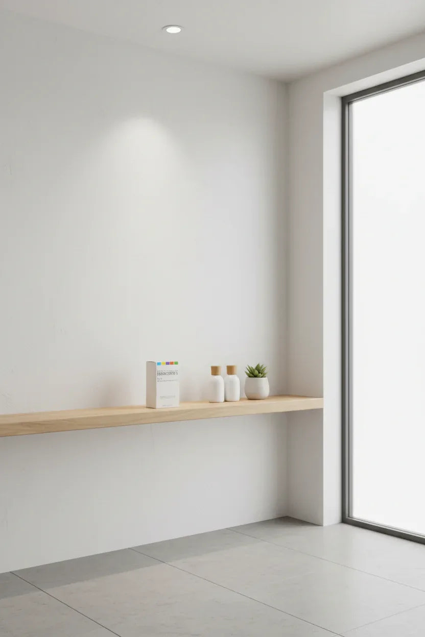 Rodan + Fields Body Micro-Dermabrasion on minimalist bathroom shelf with bright interior lighting