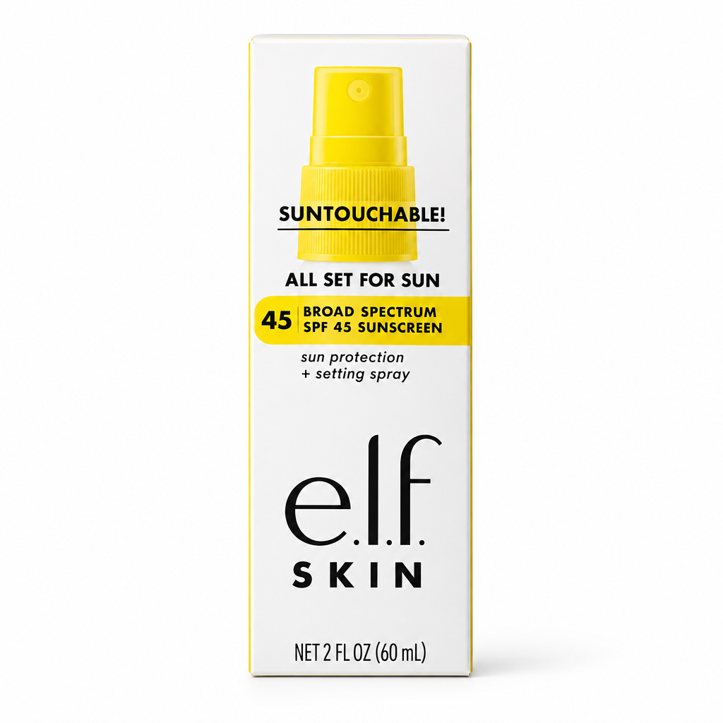 e.l.f. SKIN Suntouchable All Set For Sun SPF 45 setting spray box, studio product shot