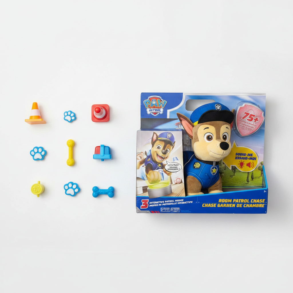 PAW Patrol Room Patrol Chase Interactive Plush Toy (12-inch) — Chase plush in blue police uniform flat-lay on white surface alongside original retail display box with colorful PAW Patrol accessories scattered around — bright playful toy flat-lay