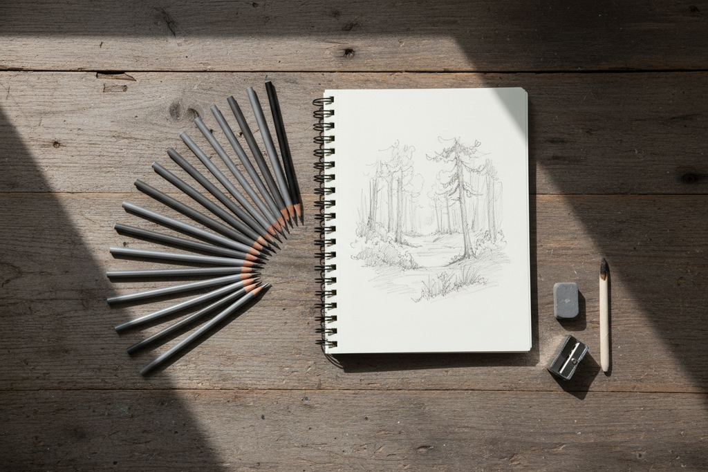 12 graphite pencils and mixed media notebook art supply flat lay — More4less Outlet