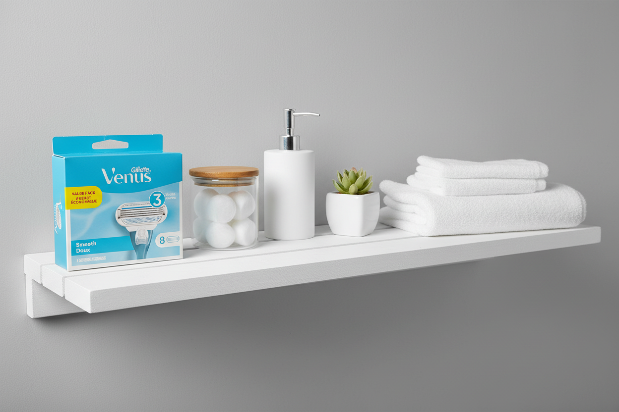 Organized white bathroom shelf featuring Gillette Venus Smooth refill blue box with personal care items in soft ambient lighting