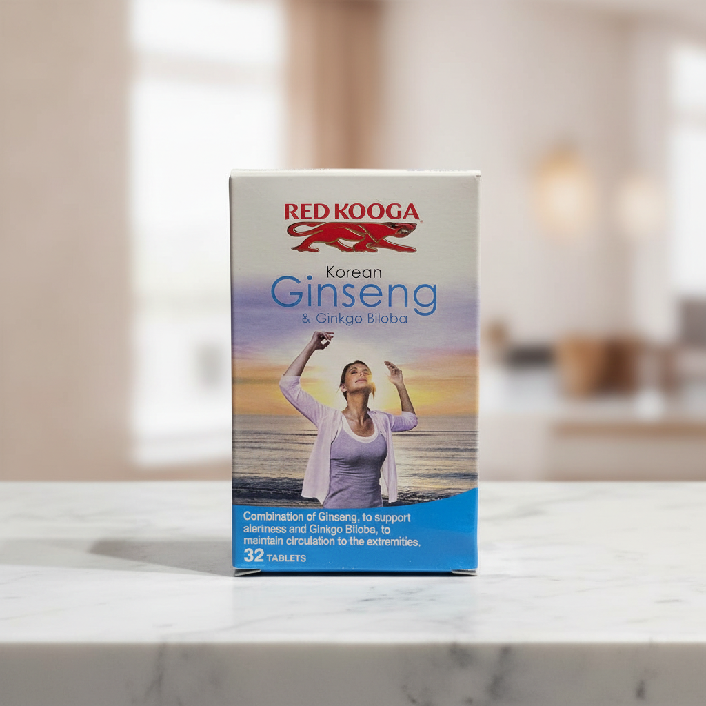 Red Kooga Korean Ginseng and Ginkgo Biloba 32 Tablet package on a marble countertop