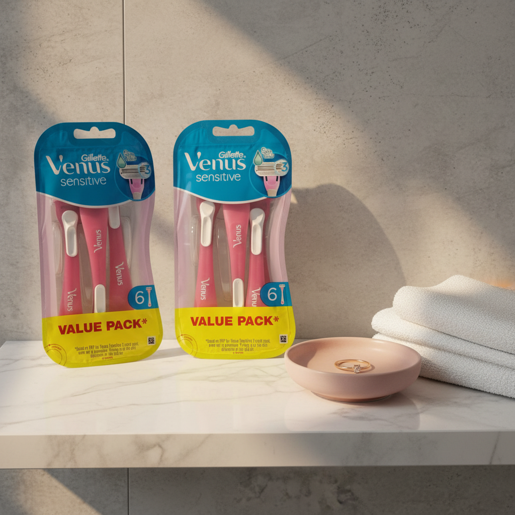 Gillette Venus Sensitive 12ct Value Pack on marble bathroom shelf with ring dish and cotton face towel