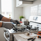 Electric stove cooktop with coil burner being repaired technician installing replacement burner receptacle block home appliance DIY repair bright kitchen