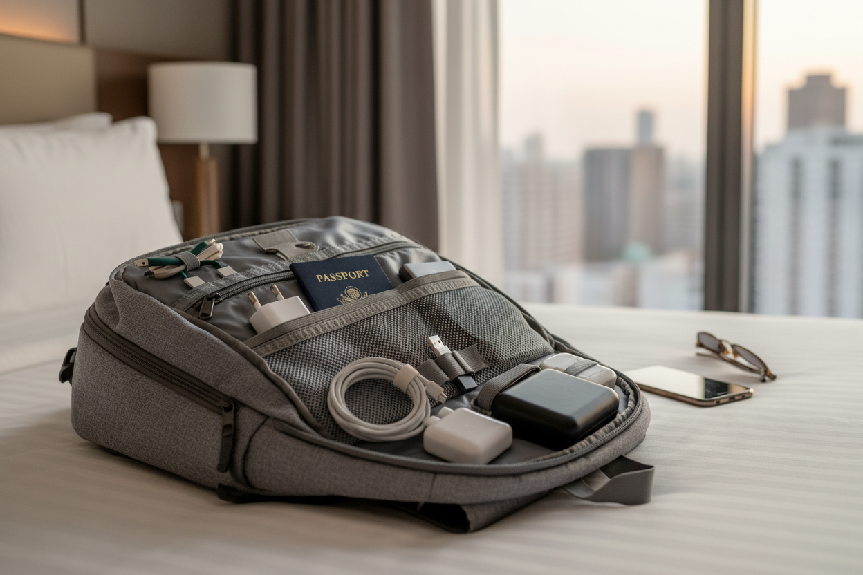 Travel backpack with compact folding-prong USB wall charger, passport, and earbuds inside