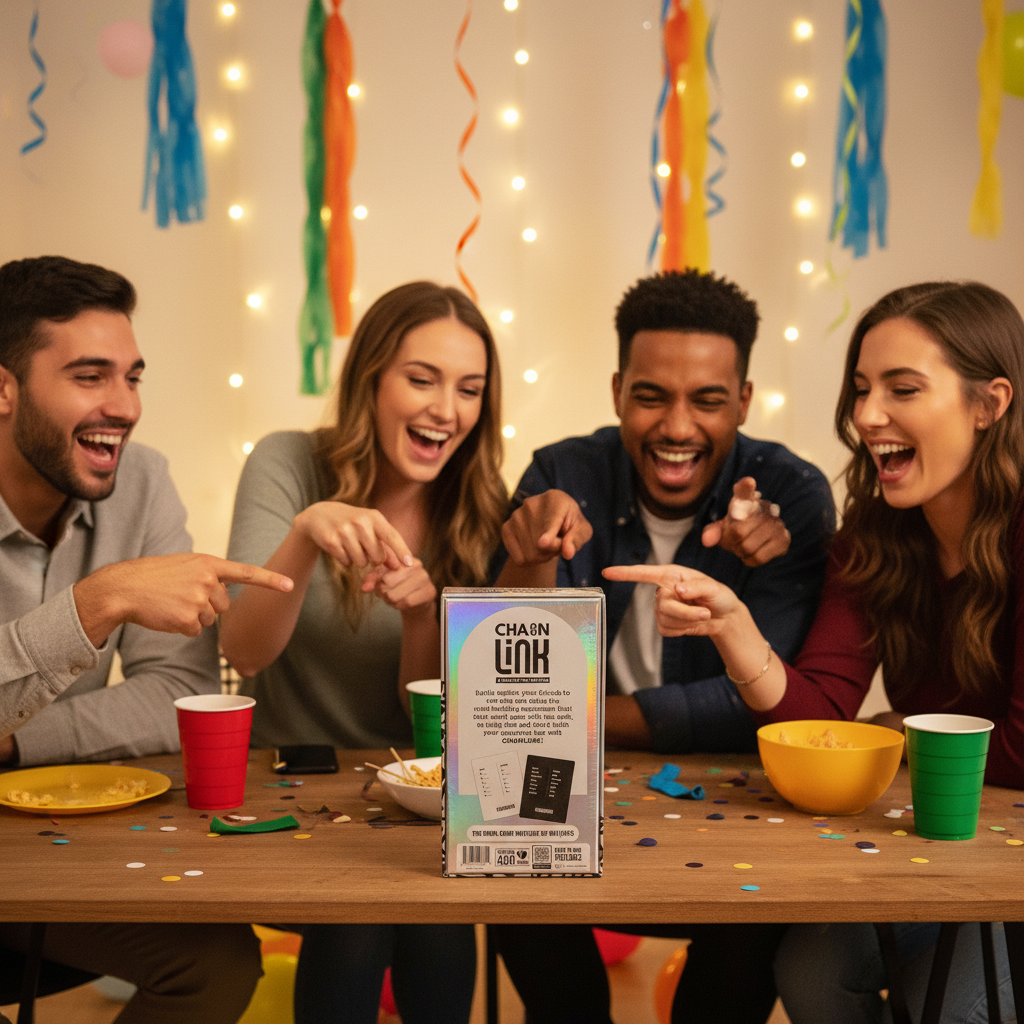 Chainlink game box on party table surrounded by excited players in festive social gathering atmosphere.