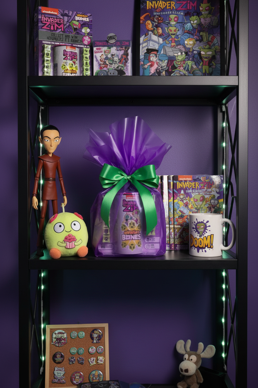 Invader Zim Adventure Bones game package displayed on fan collector shelf with purple and green Nickelodeon aesthetic — More4less Outlet