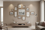 Sophisticated gallery wall setup showing warm wood grain photo frames arranged professionally
