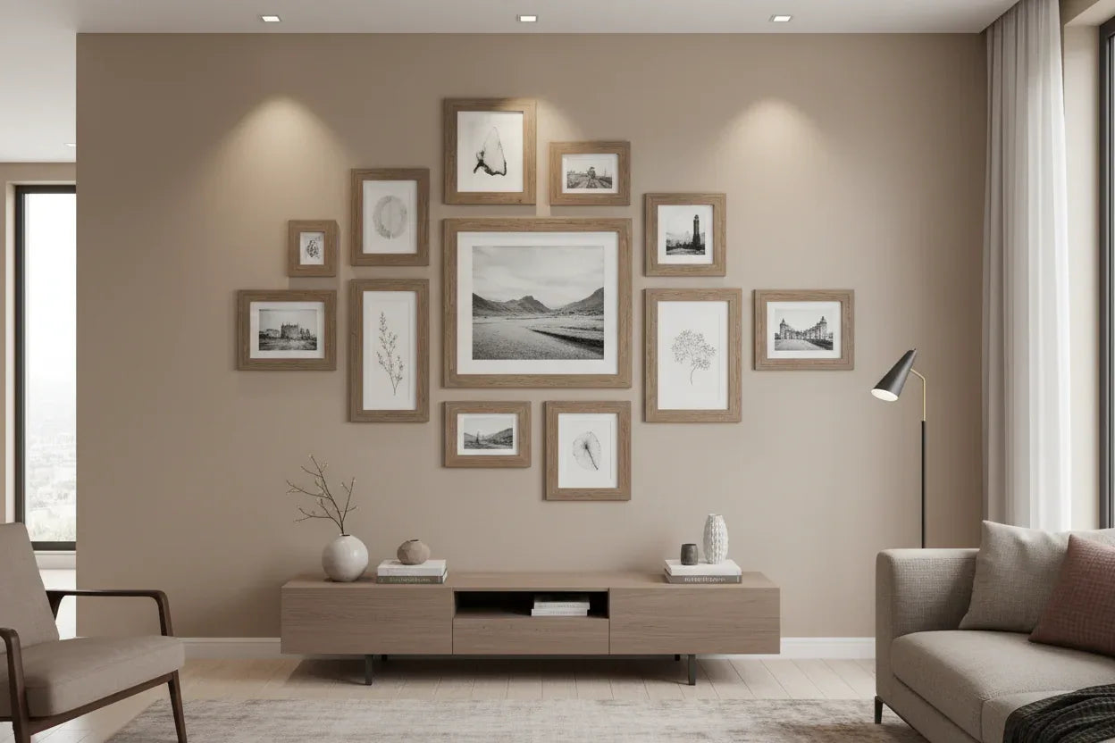 Sophisticated gallery wall setup showing warm wood grain photo frames arranged professionally