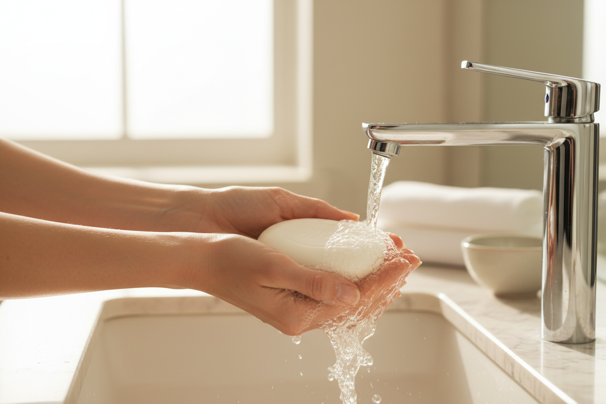 Woman's hands lathering bar soap under warm running water in bright clean bathroom spa self-care lifestyle photo