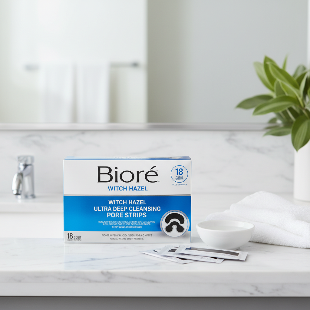 Bioré Witch Hazel Pore Strips on marble bathroom counter lifestyle photo