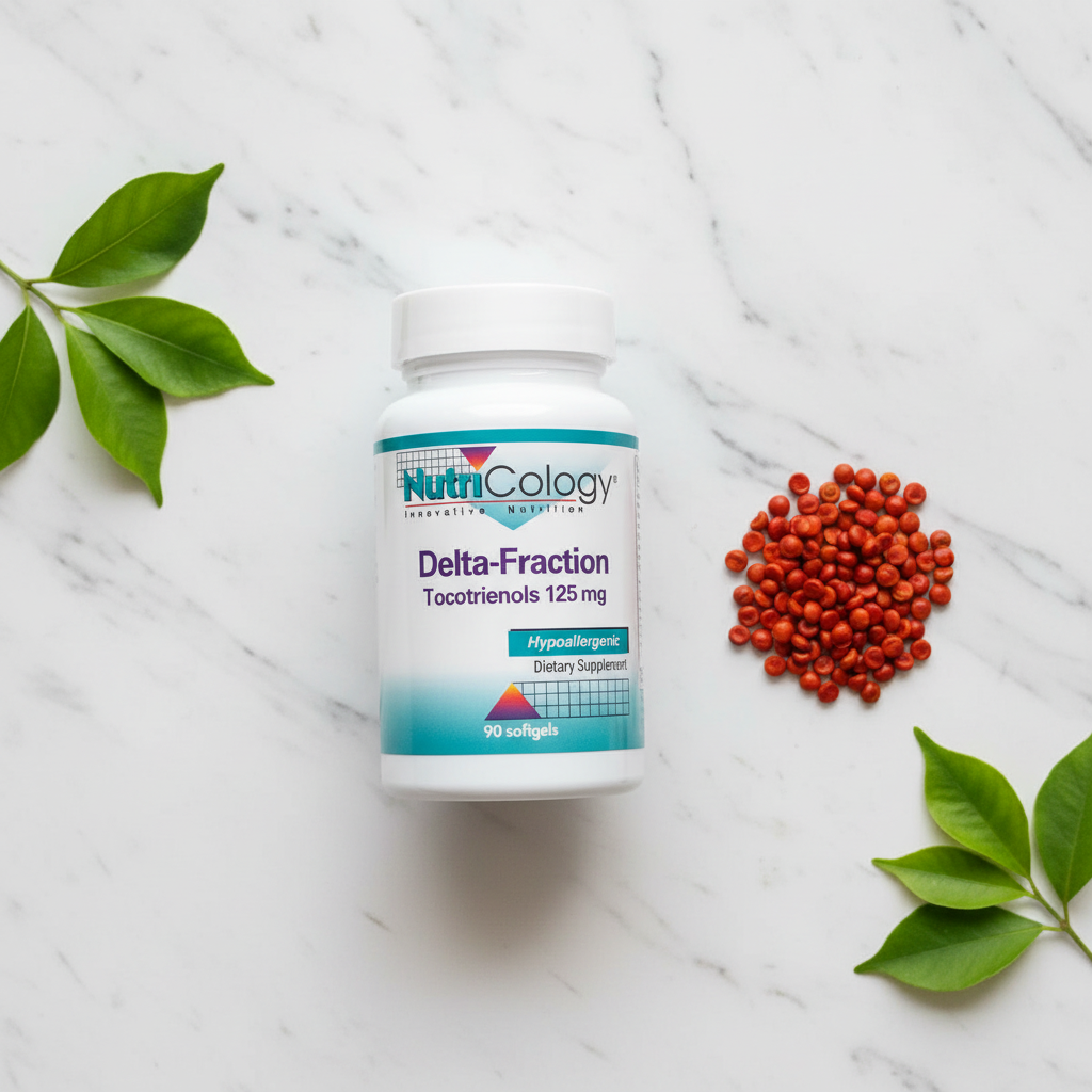NutriCology Delta-Fraction Tocotrienols bottle on marble with annatto seeds and botanical leaves – More4less Outlet