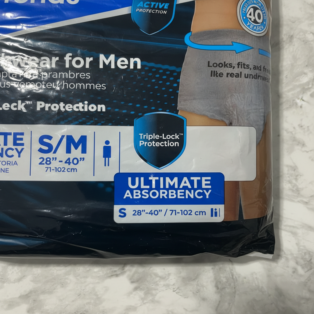 Macro close-up of Attends Men's Underwear label highlighting Ultimate Absorbency and Triple-Lock Protection
