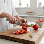 Home cook slicing tomatoes with a pastel teal Cuisinart chef knife on a wooden cutting board