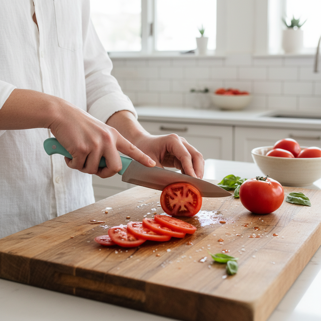 Home cook slicing tomatoes with a pastel teal Cuisinart chef knife on a wooden cutting board