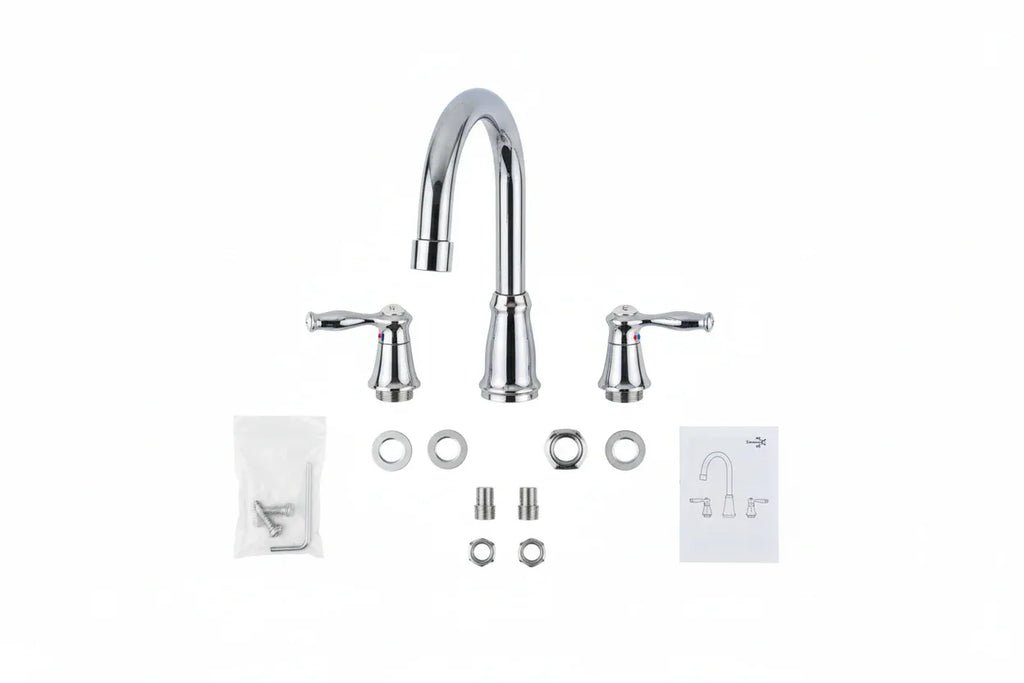 Professional plumbing hardware flat-lay of polished chrome prep sink faucet fixtures ready for installation