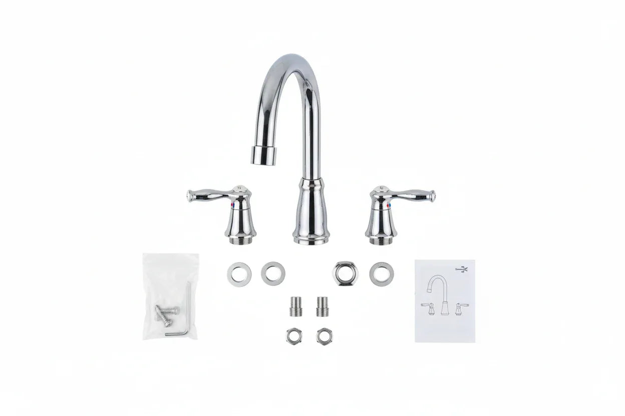 Professional plumbing hardware flat-lay of polished chrome prep sink faucet fixtures ready for installation