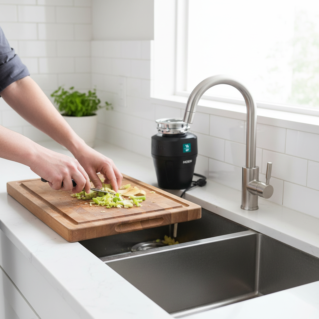 Home cook scraping celery and potato peelings off cutting board into kitchen sink drain