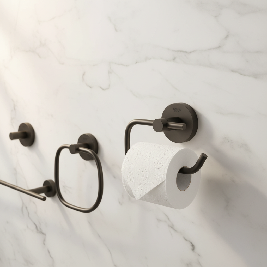 Grohe Essentials Hard Graphite toilet paper holder in luxury bathroom with matching dark graphite Grohe accessories and white marble walls