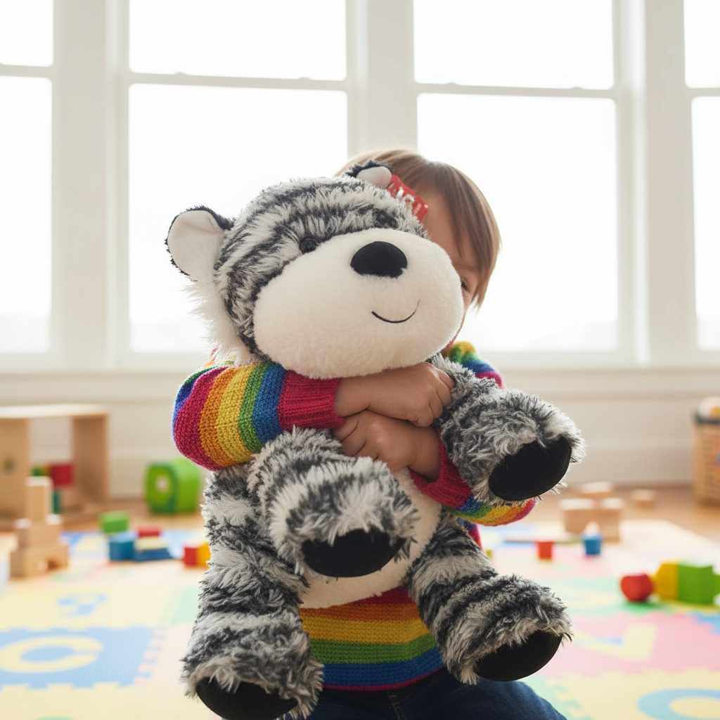 Child hugging Russ Jazwares 14 inch Zebra Plush in bright cheerful playroom - More4less Outlet