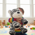 Child hugging Russ Jazwares 14 inch Zebra Plush in bright cheerful playroom - More4less Outlet