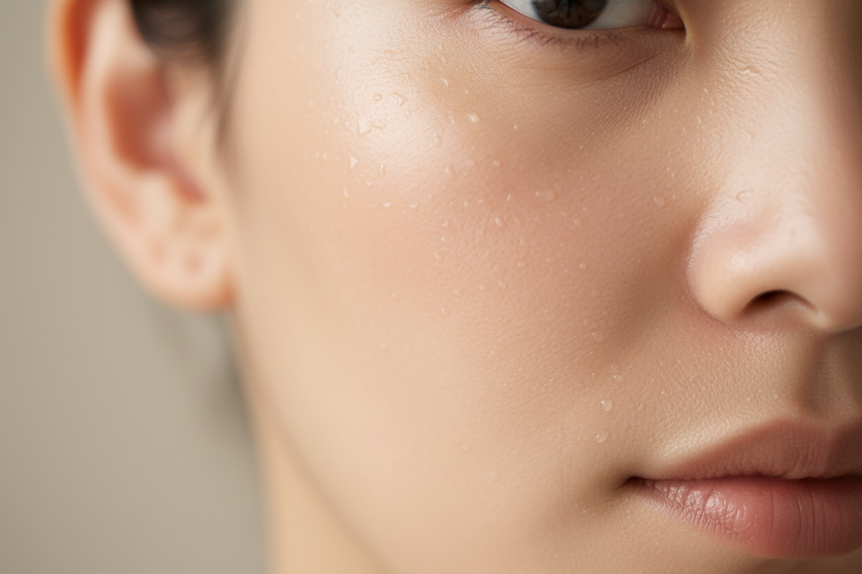 Close-up of smooth dewy poreless skin with fresh healthy glow - lightweight oil-free moisturizer result