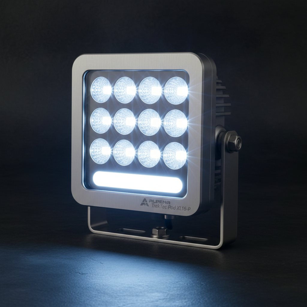 Alpena TrekTec Pod XL16-P close-up 16 LEDs white accent bar bezelless alloy housing stainless steel bracket dark studio - More4less Outlet