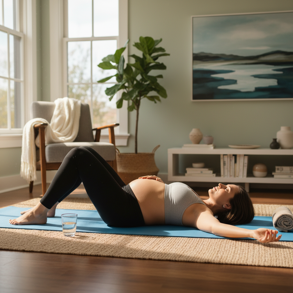 Fit pregnant woman resting on yoga mat in peaceful living room