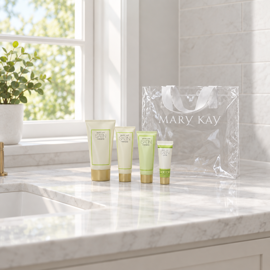 Mary Kay Satin Hands and Satin Lips tubes with clear tote on a marble bathroom vanity