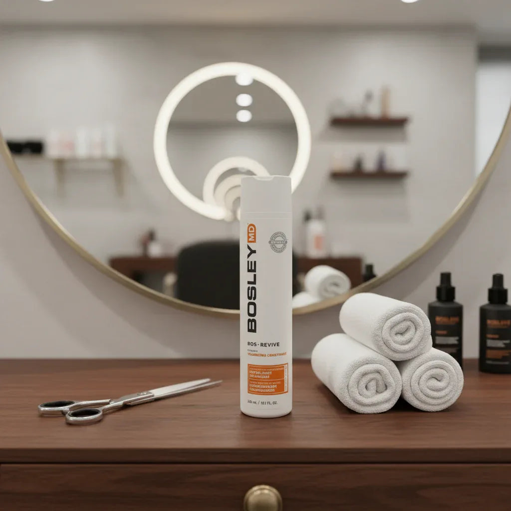 BosleyMD Bos-Revive Conditioner on upscale salon stylist station with professional shears and rolled white towels