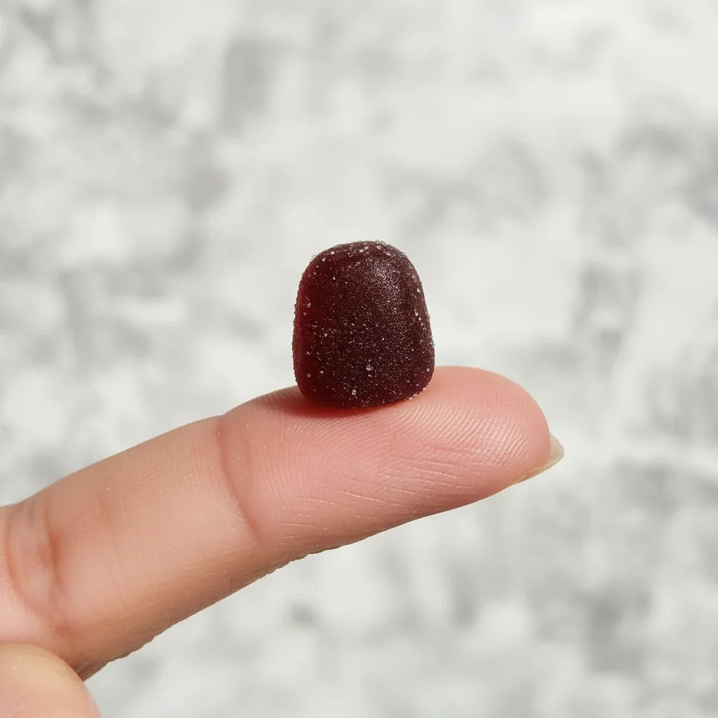 Close-up of dark cherry gummy supplement on finger macro focus soft natural light