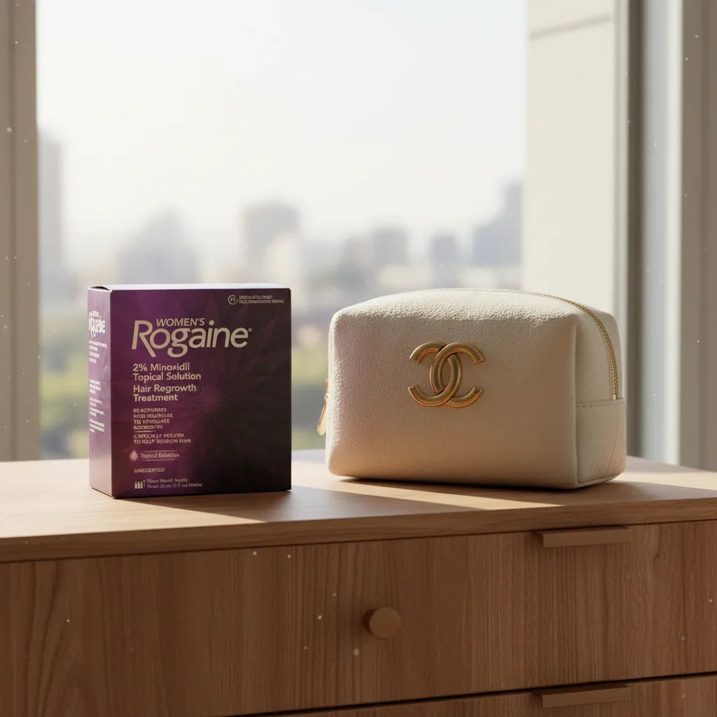 Women's Rogaine 3-Month Supply box next to designer cosmetics bag on modern wood dresser with morning sunlight