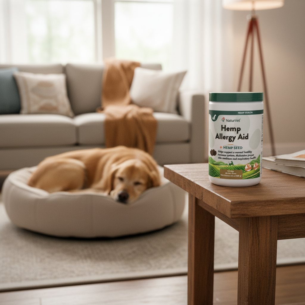 NaturVet Hemp Allergy Aid 60 soft chews tub on a wooden side table next to a dog resting on its bed in a cozy living room