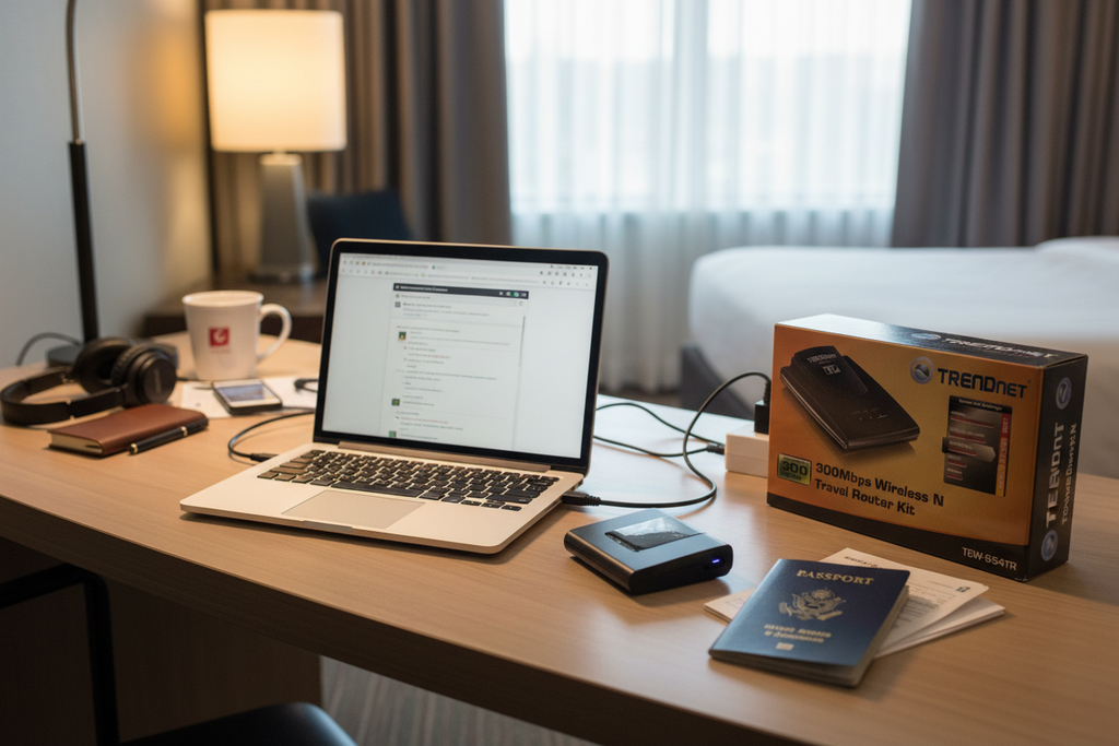 TRENDnet TEW-654TR 300Mbps Wireless N Travel Router Kit on hotel desk with laptop passport and travel accessories – More4less Outlet