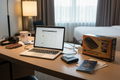 TRENDnet TEW-654TR 300Mbps Wireless N Travel Router Kit on hotel desk with laptop passport and travel accessories – More4less Outlet