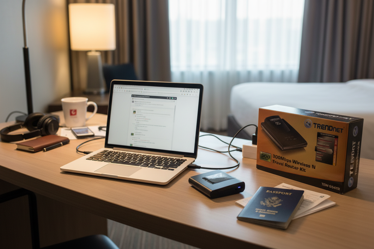 TRENDnet TEW-654TR 300Mbps Wireless N Travel Router Kit on hotel desk with laptop passport and travel accessories – More4less Outlet