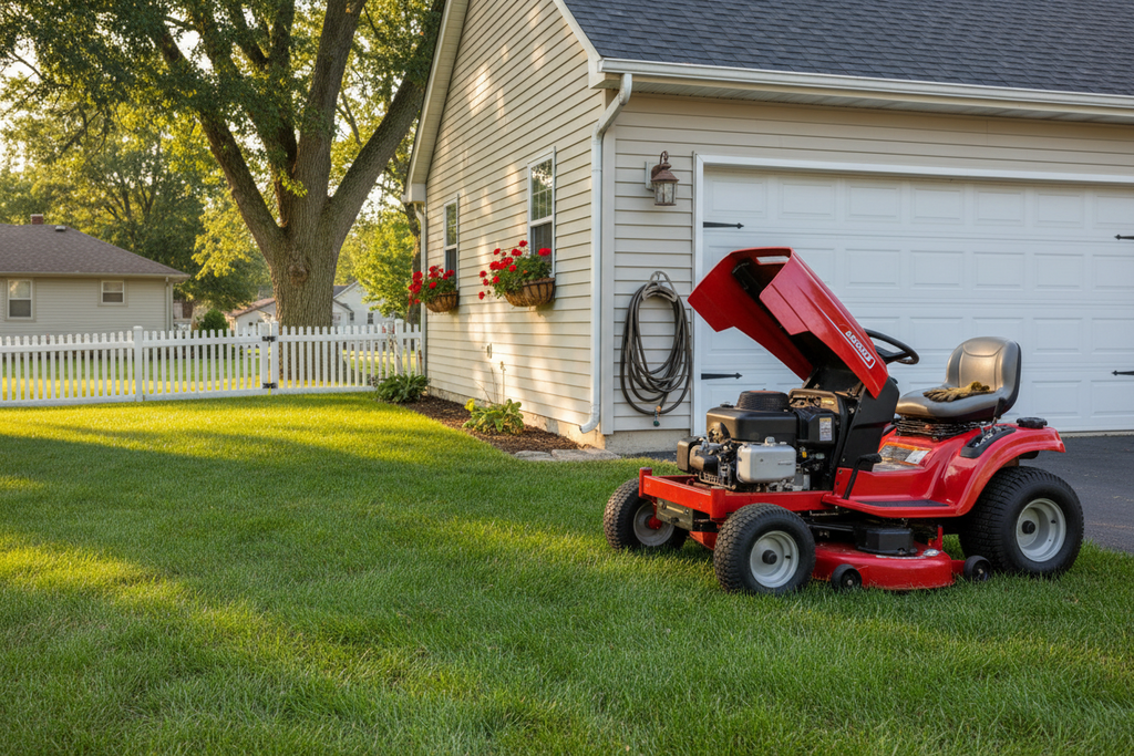 Riding lawn mower on green lawn with engine cover open for air filter maintenance