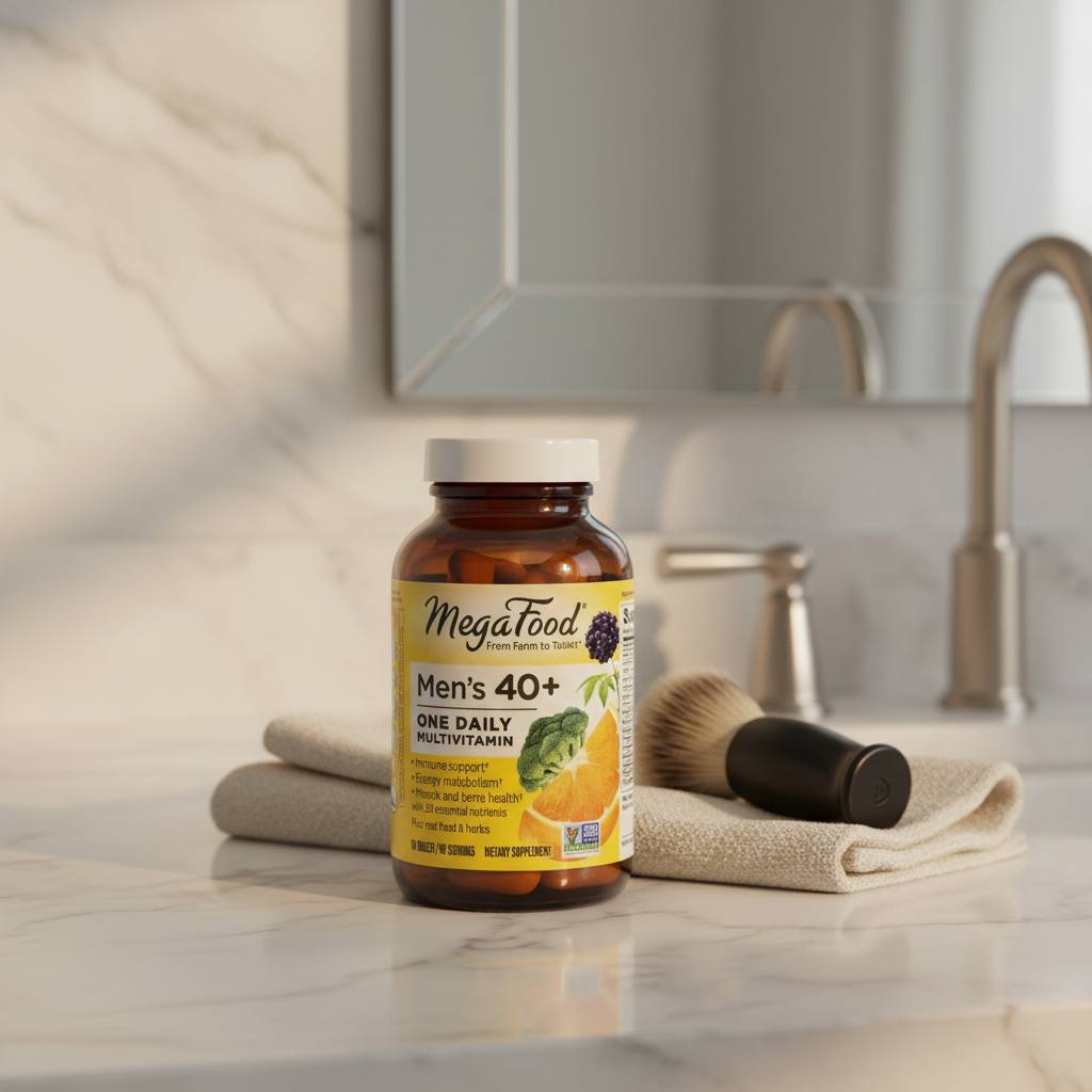 Men's multivitamin amber glass bottle on white marble bathroom counter with soft morning light – More4less Outlet