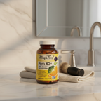 Men's multivitamin amber glass bottle on white marble bathroom counter with soft morning light – More4less Outlet