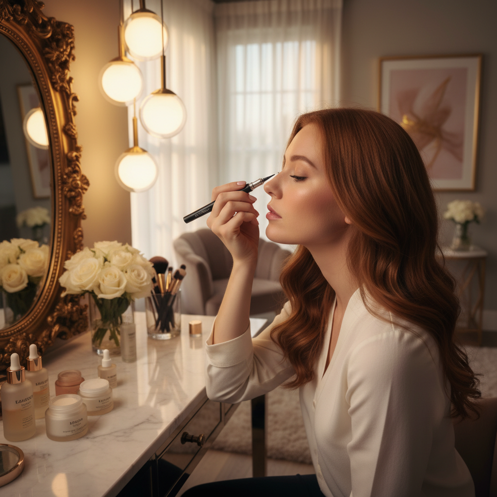 Woman applying a mechanical twist-up eyeliner pencil along her lash line at a vanity mirror