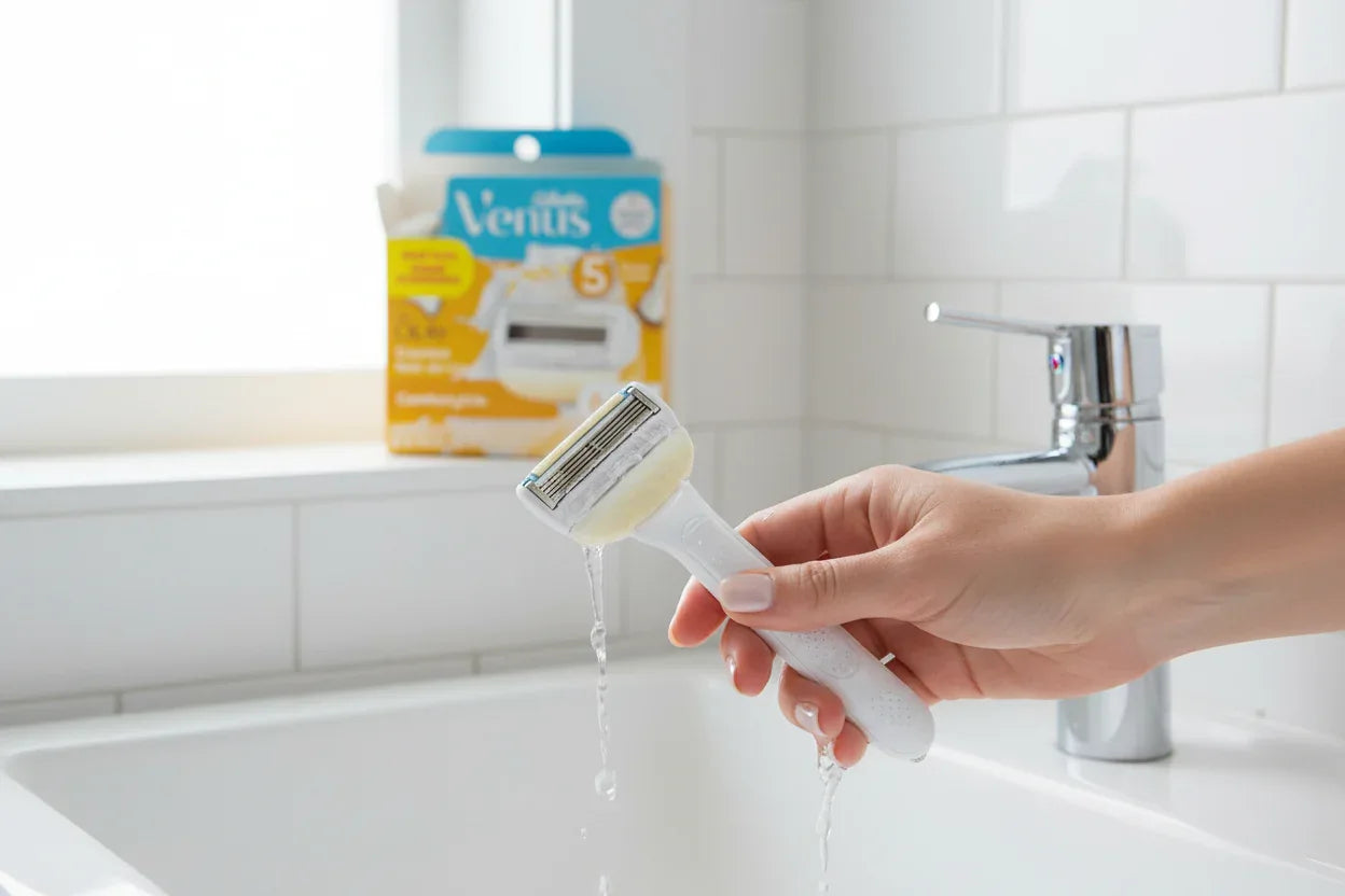 Woman's hand holding a coconut-scented razor near running water in a bright clean bathroom