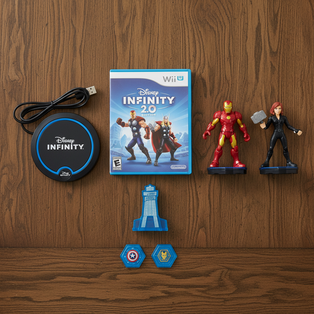 Flat lay overhead of complete Disney Infinity 2.0 Wii U Starter Pack components on dark oak table