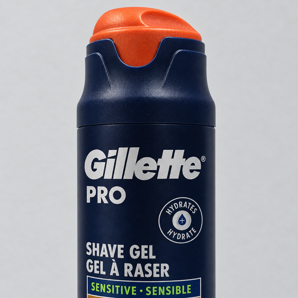 Upper label and dispenser of Gillette PRO Sensitive shave gel can
