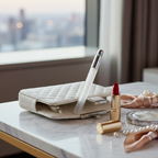 Lifestyle image — slim white perfume wand in open white clutch purse beside lipstick and small mirror on marble, travel-ready elegant lifestyle for visual context only