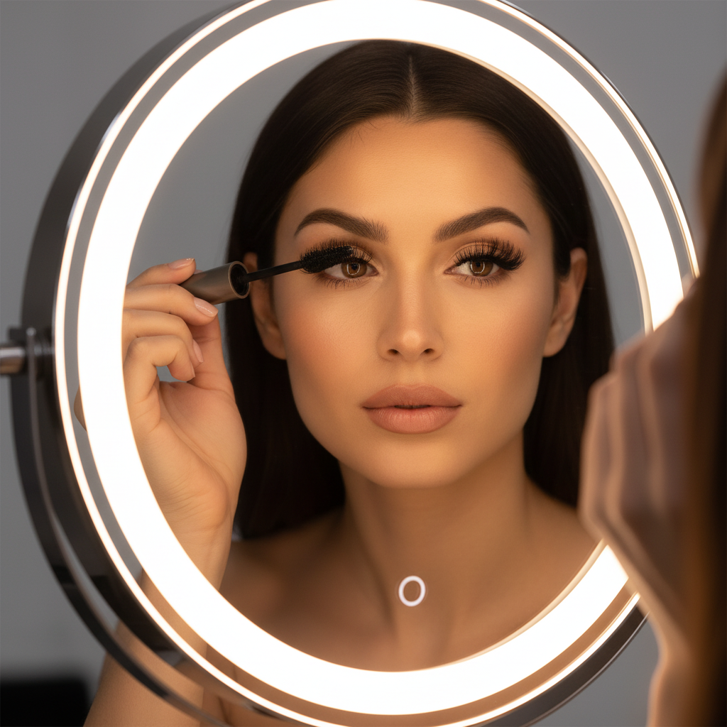 Woman applying Mary Kay Lash Love Waterproof Mascara at vanity mirror showing bold voluminous lashes