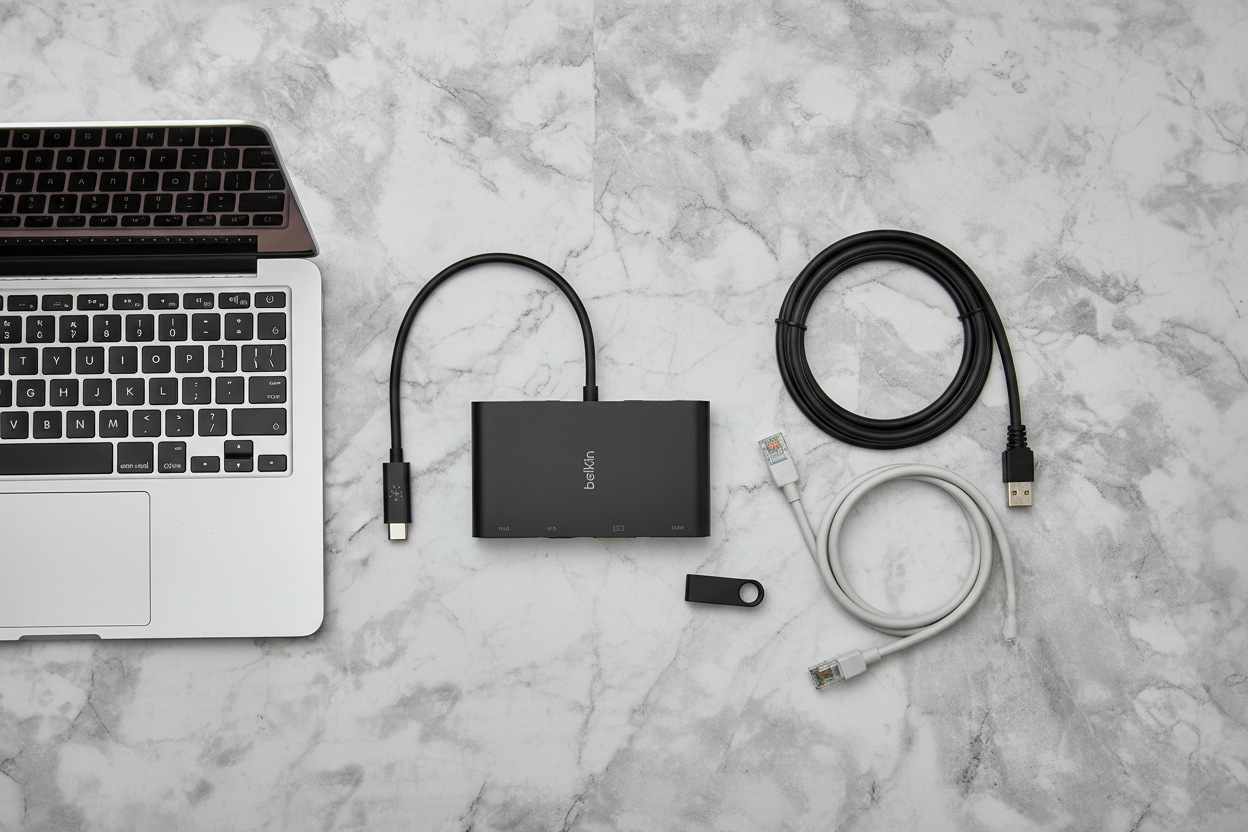 Belkin USB-C Multimedia Adapter flat lay on marble with MacBook, HDMI cable, Ethernet cable, and USB-A flash drive — More4less Outlet