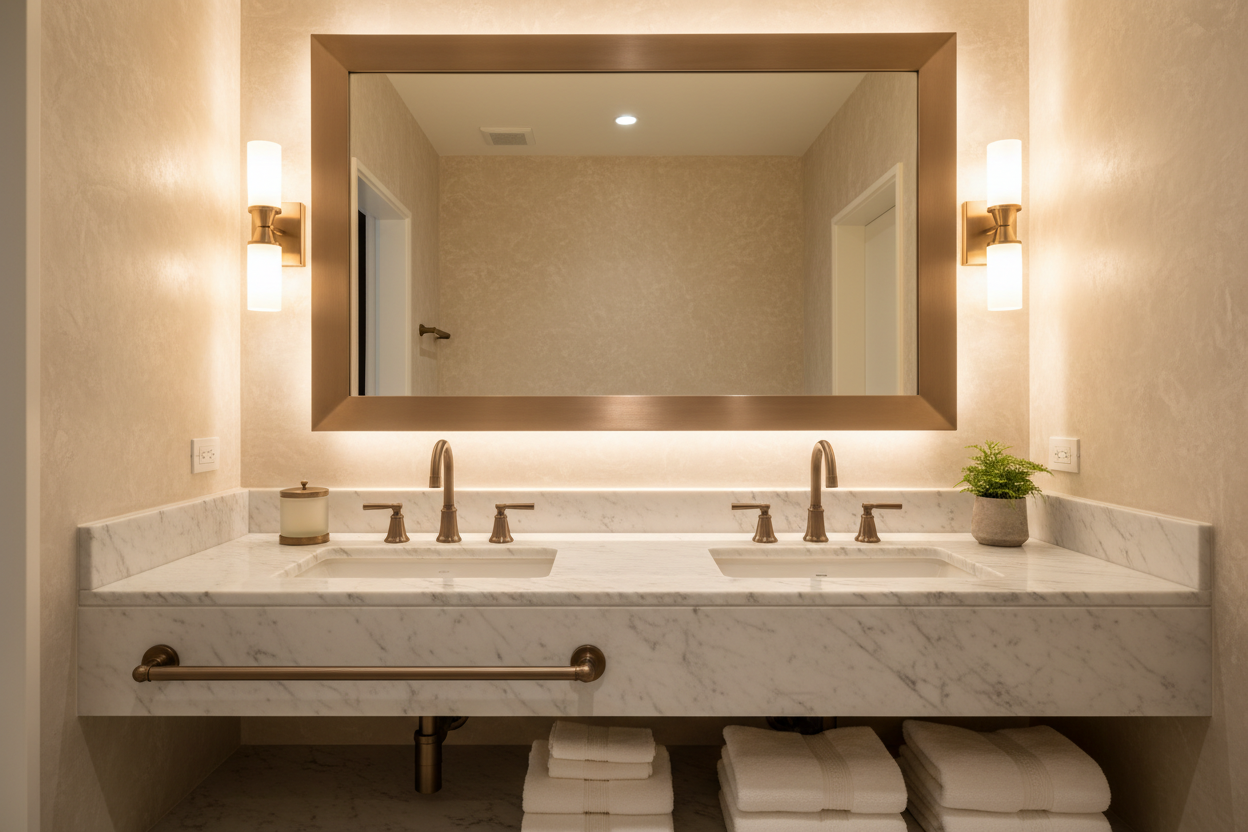 High-end bathroom vanity with bronze hardware fixtures and warm ambient lighting