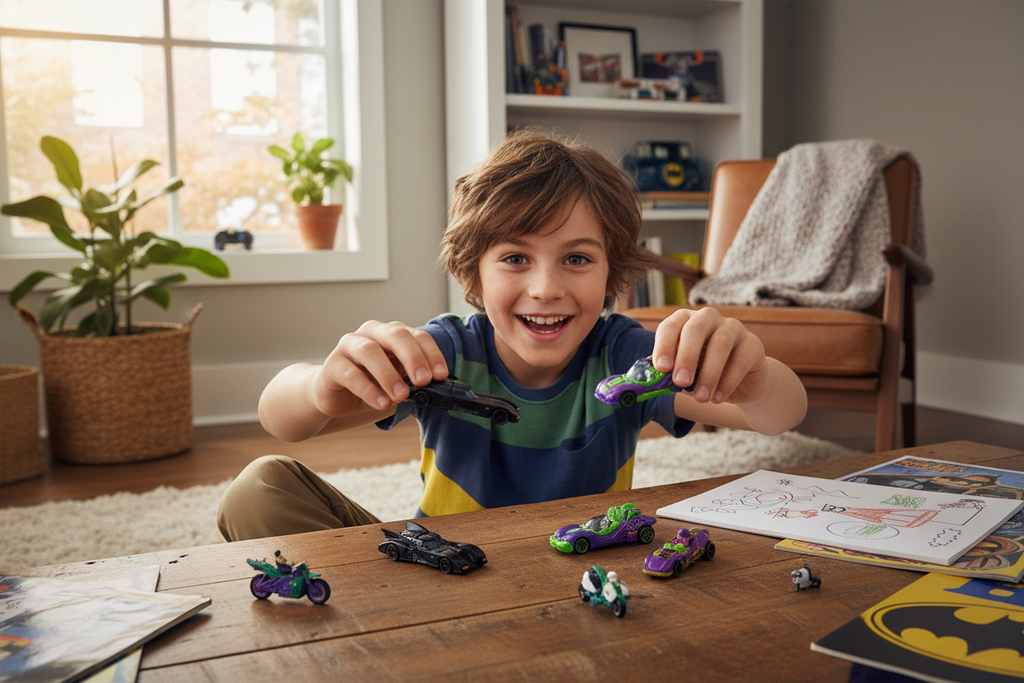 Young boy playing with Jada Nano Hollywood Rides Batman Classic TV Series die-cast vehicles – More4less Outlet