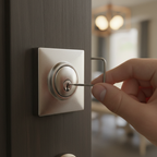 Hand inserting SmartKey re-key tool into polished chrome square deadbolt faceplate demonstrating DIY re-keying process
